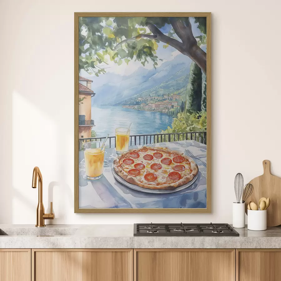 fotószőnyeg Brunch Olaszországban, akvarell stílusban, pizza margarita, tó, nyári természet, nyár f42436