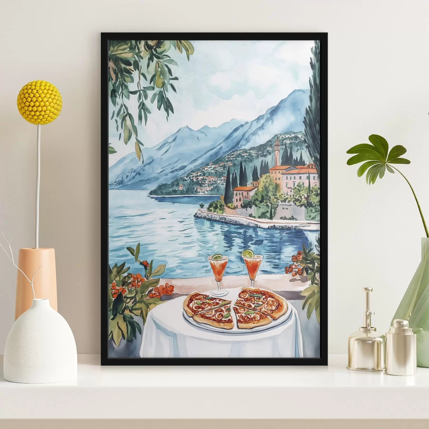 fotószőnyeg Comói-tó, Olaszország, akvarell stílus, pizza, koktélok, óváros, hegyek, hegyek f42437