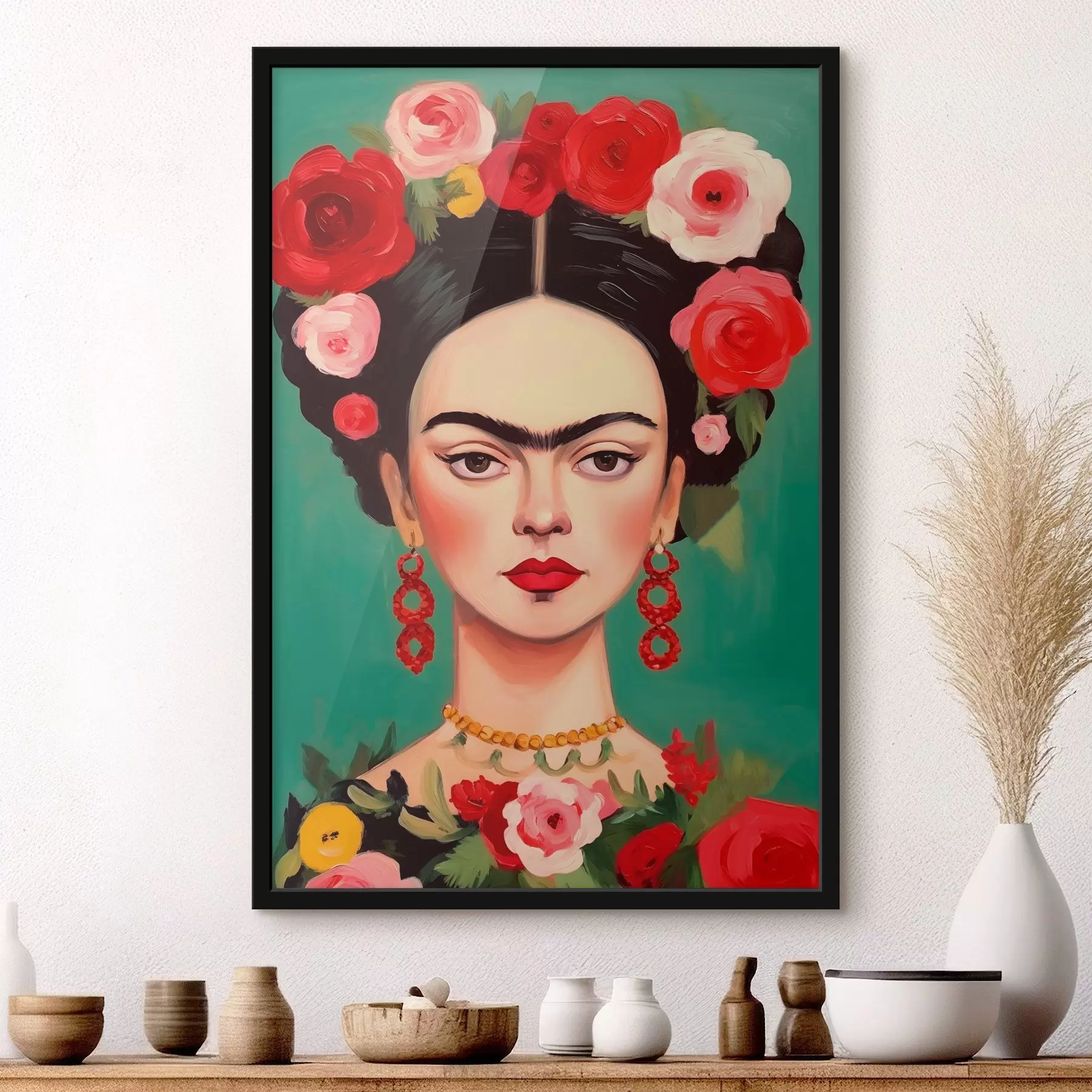 fotószőnyeg Frida portréja virágkoszorúval zöld háttéren f42485