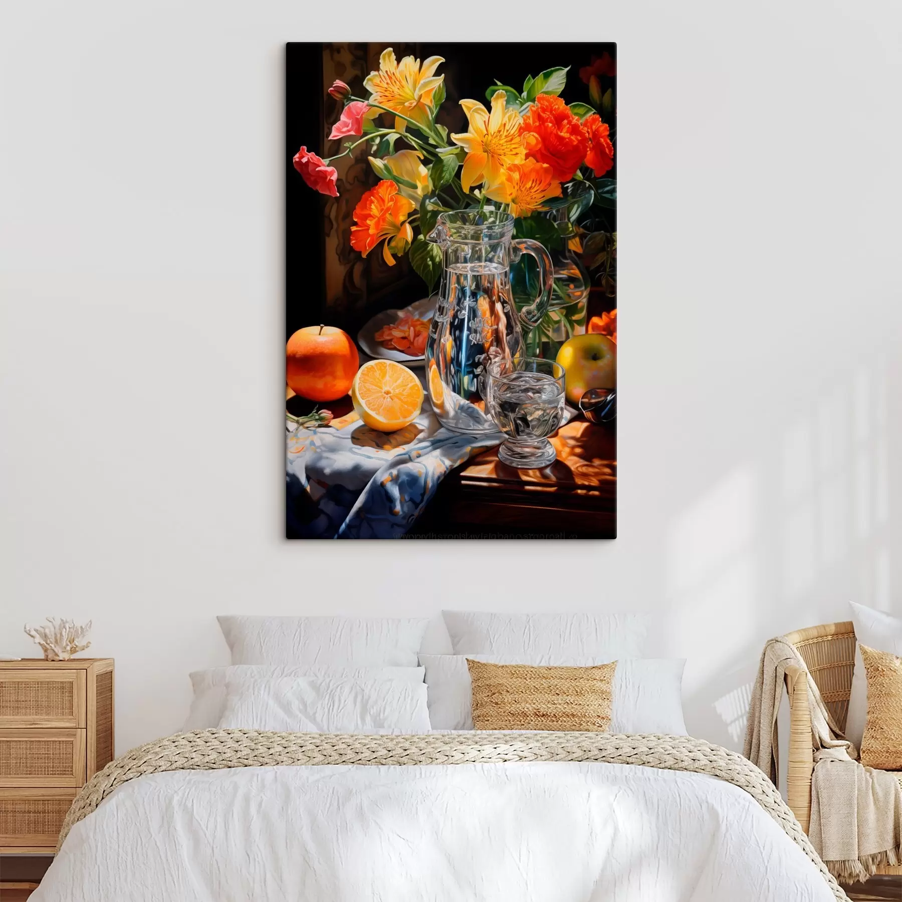 fotótapéta Csendélet egy csokor élénk, sárga és piros tónusú virágokkal, egy üvegkancsóval, citrusfélékkel és almával egy megvilágított asztalon. s42560