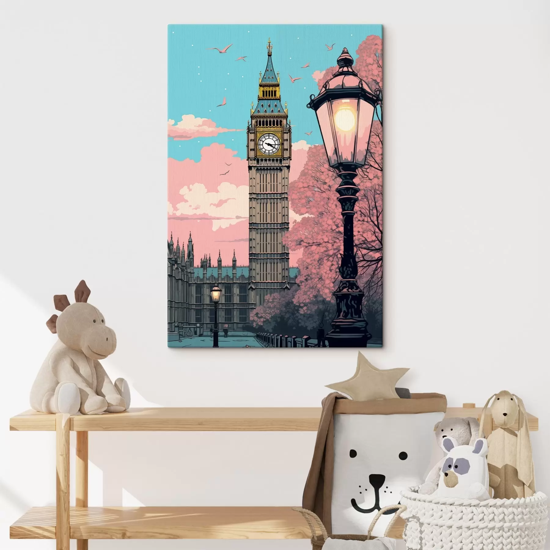 fotótapéta A Big Ben látványa tavaszi rózsaszínű fákkal, ragyogó kék éggel és egy régi utcai lámpával az előtérben. s42578