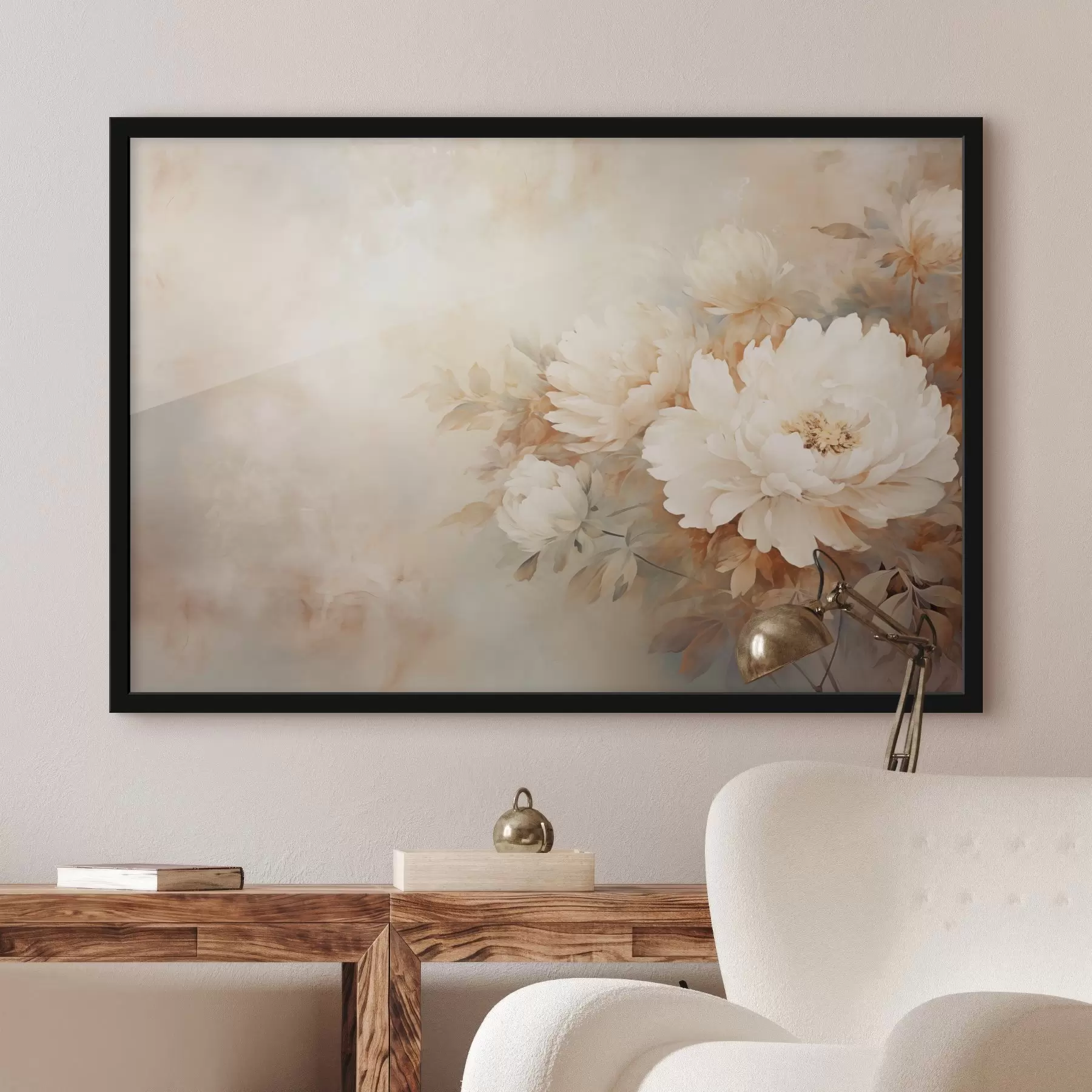 fotószőnyeg Finom pasztell krémszínű pünkösdi rózsák elmosódott háttéren, lágy és romantikus hangulatot teremtve. f42558