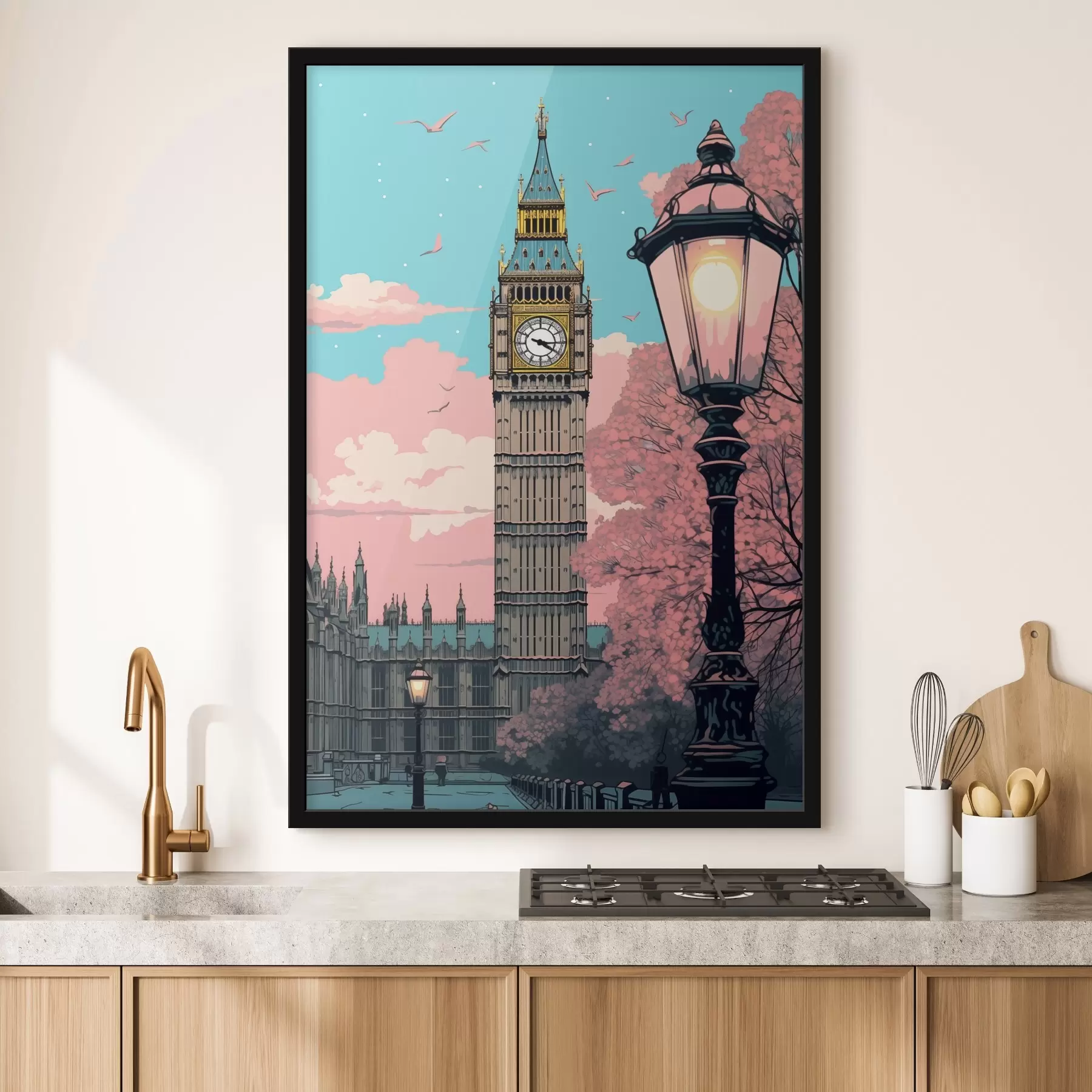 fotószőnyeg A Big Ben látványa tavaszi rózsaszínű fákkal, ragyogó kék éggel és egy régi utcai lámpával az előtérben. f42578