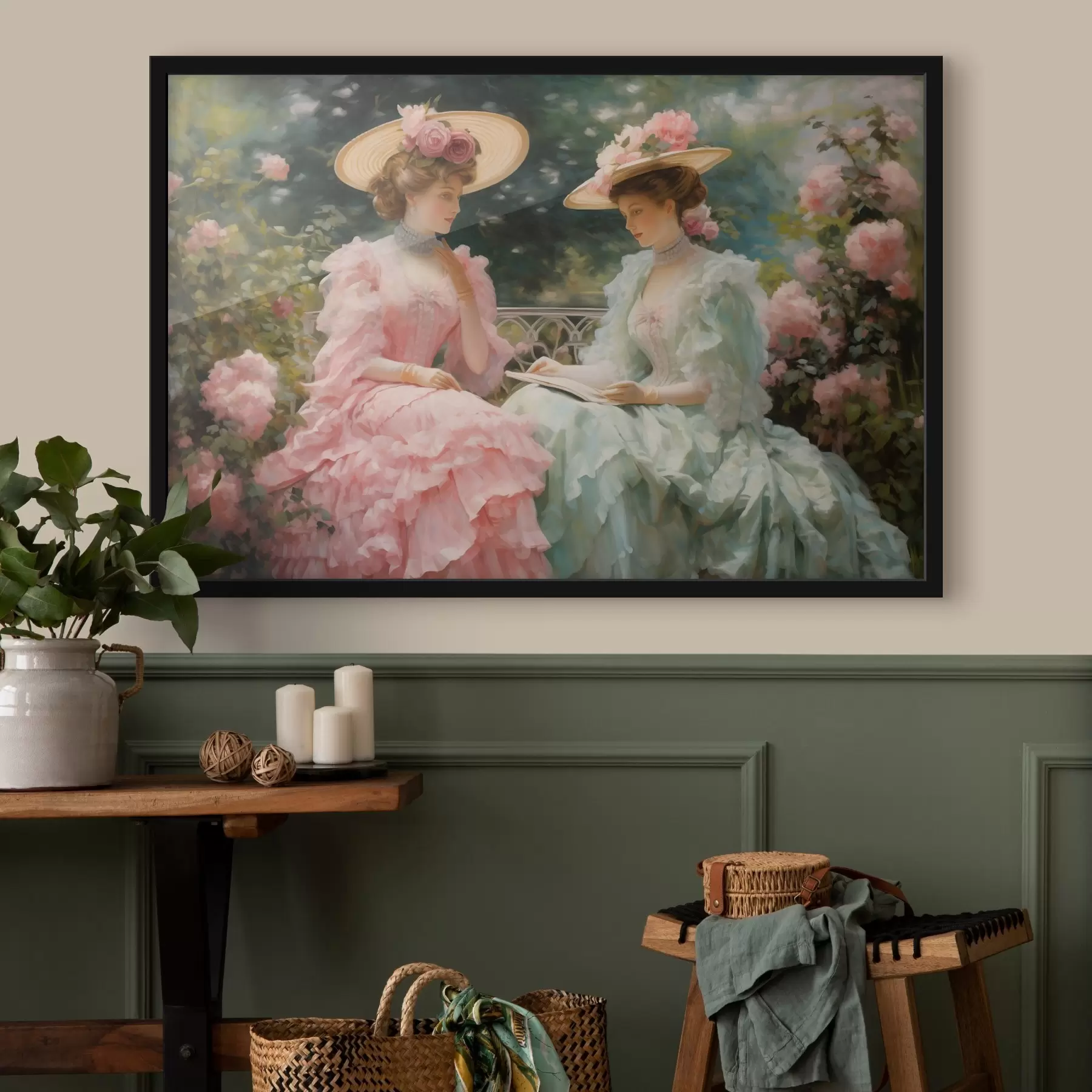 fotószőnyeg Két elegáns, pasztellszínű ruhás nő ül egy kertben, rózsák között, könyvet olvasnak és élvezik a békés hangulatot. f42582