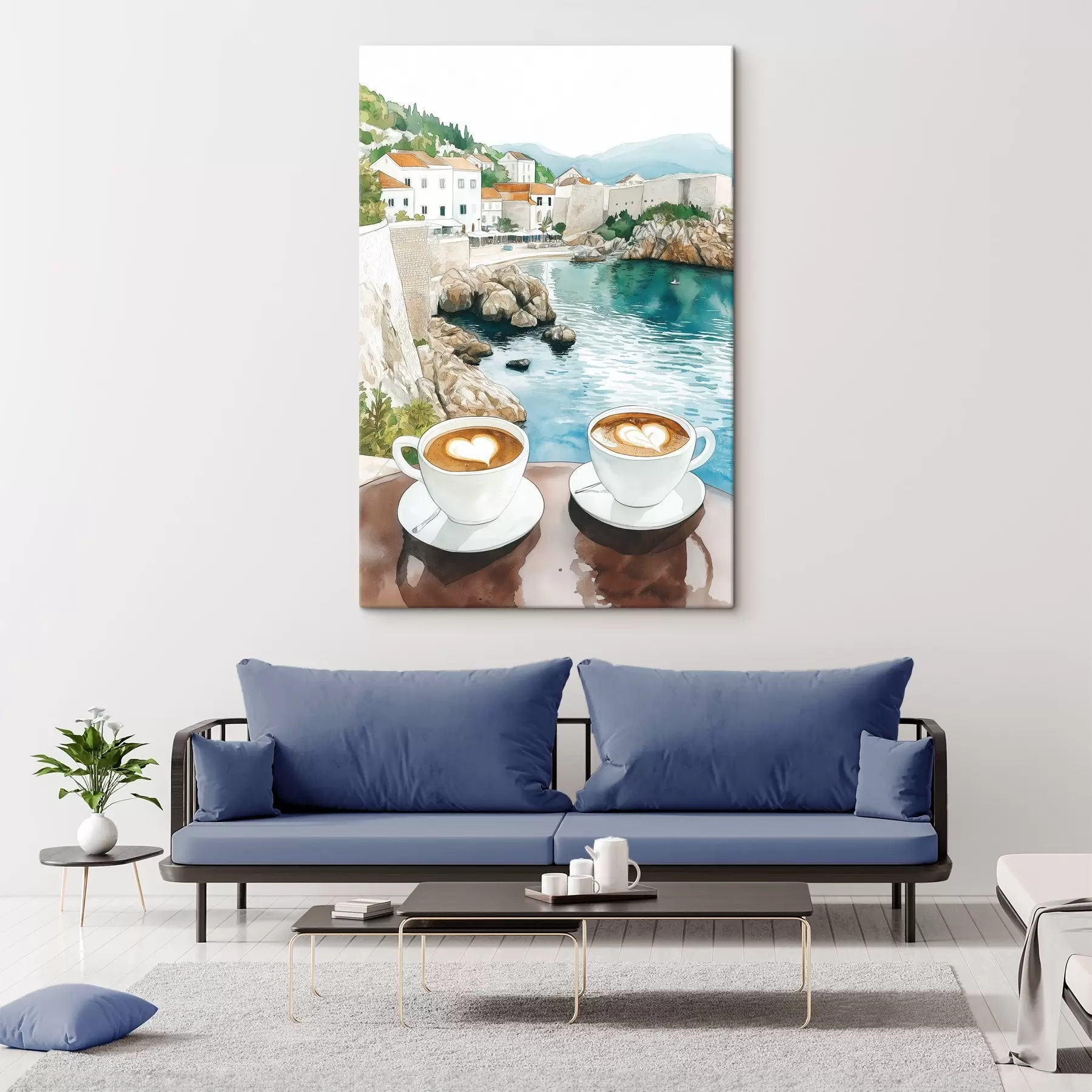 fotótapéta Csésze kávé a tengerparton, akvarell stílus, Horvátország s42448