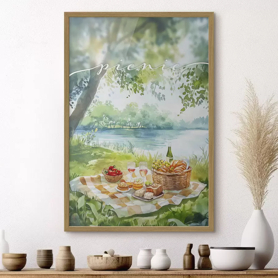 fotószőnyeg Piknik esztétika, nyári természet, tó, romantikus, akvarell stílusban f42450
