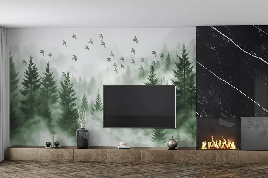 fotószőnyeg Nyugodt ködös erdő, zöld árnyalatú fákkal és madárraj repül az égen  w08664v1