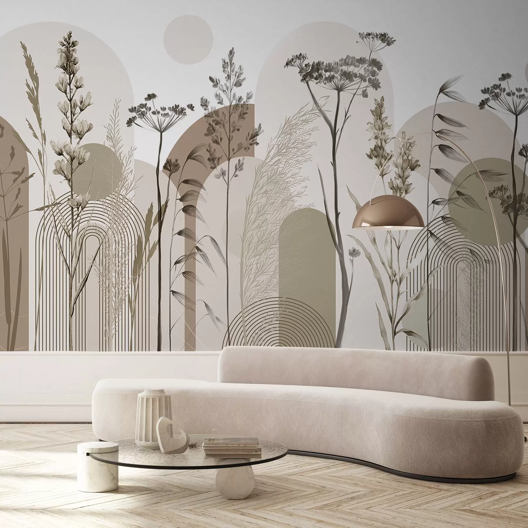 fotószőnyeg Növények és virágok gyűjteménye semleges tónusokban, absztrakt íves háttéren, lágy bézs és barna árnyalatokban w08665