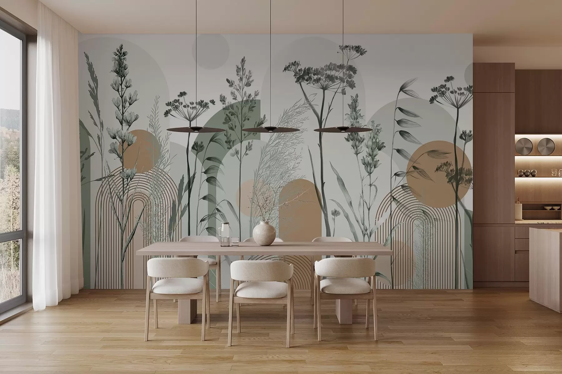 fotószőnyeg Növények és virágok gyűjteménye semleges tónusokban, absztrakt íves háttéren, lágy bézs és barna árnyalatokban w08665