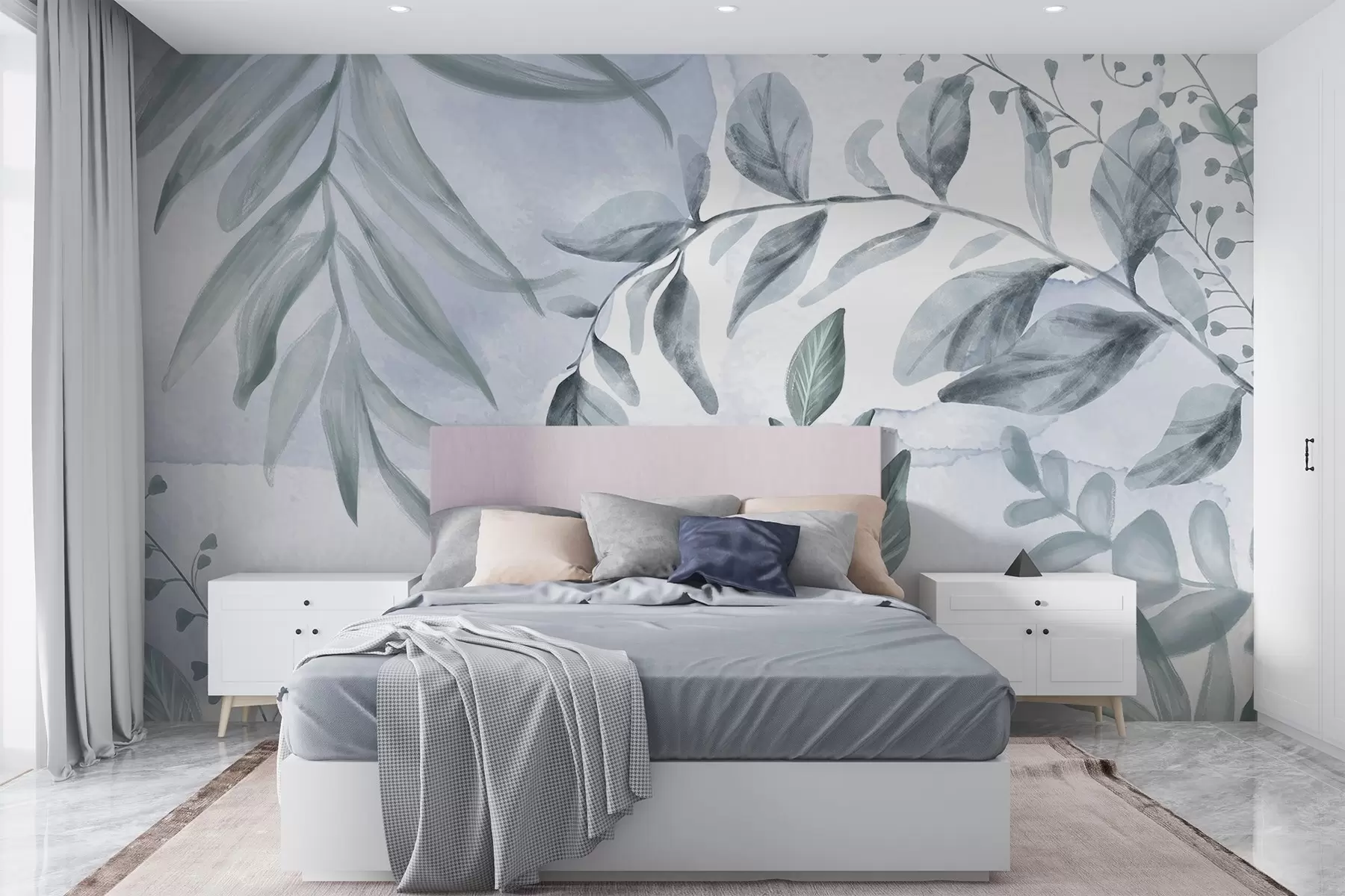 fotószőnyeg Botanikai nyomat levelekkel és virágos ágakkal, lágy pasztell színekben, akvarellszerű háttéren w08668v1