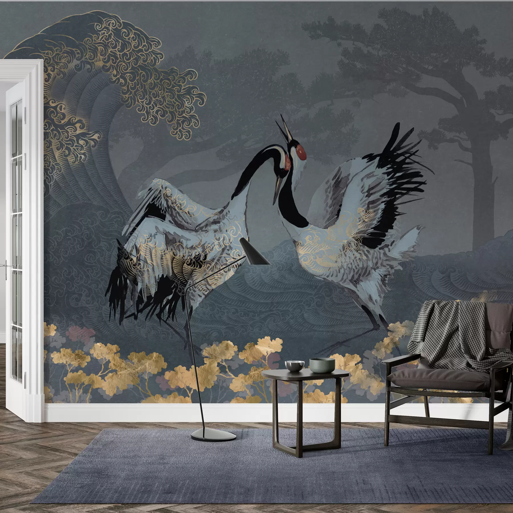 fotószőnyeg Daruk, fák és hullámok kínai stílusú elemekkel w02747