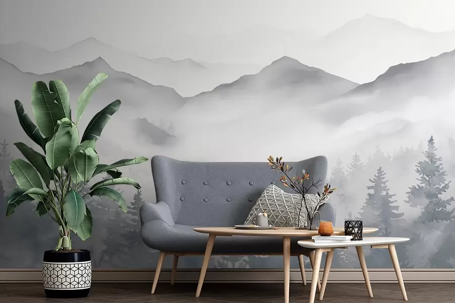 fotószőnyeg Nyugodt hegyvidéki táj ködös erdőkkel lágy szürke és kék tónusokban w08680