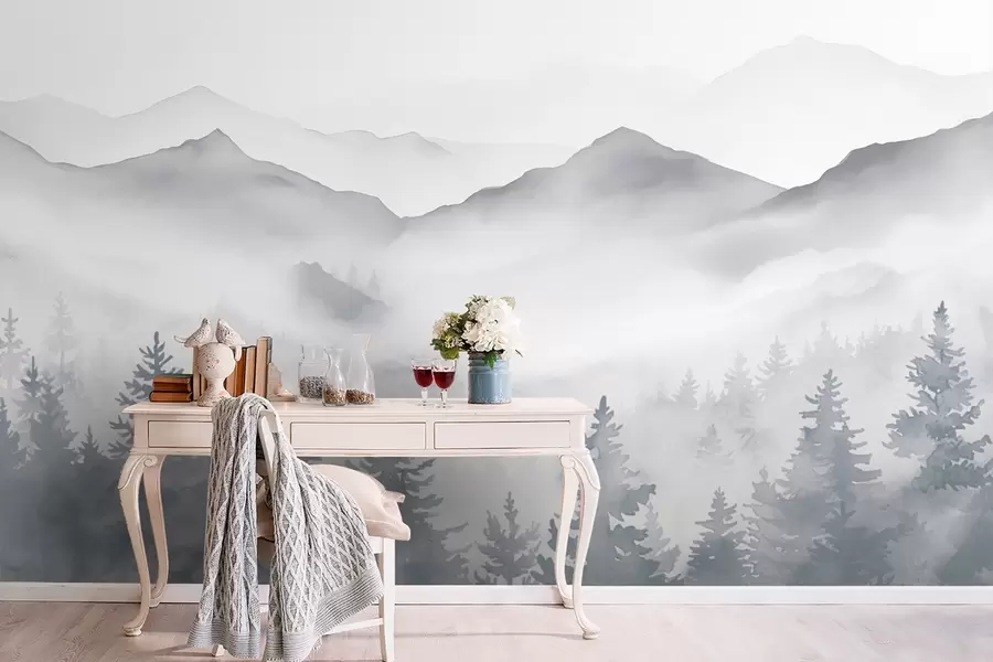 fotószőnyeg Nyugodt hegyvidéki táj ködös erdőkkel lágy szürke és kék tónusokban w08680