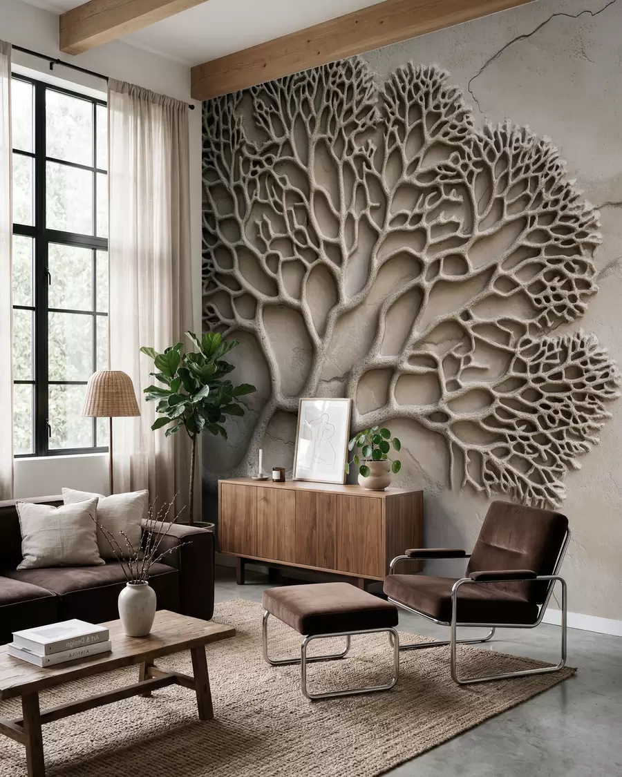 fotószőnyeg Tapéta relief stílusban fával és repedésekkel w02908