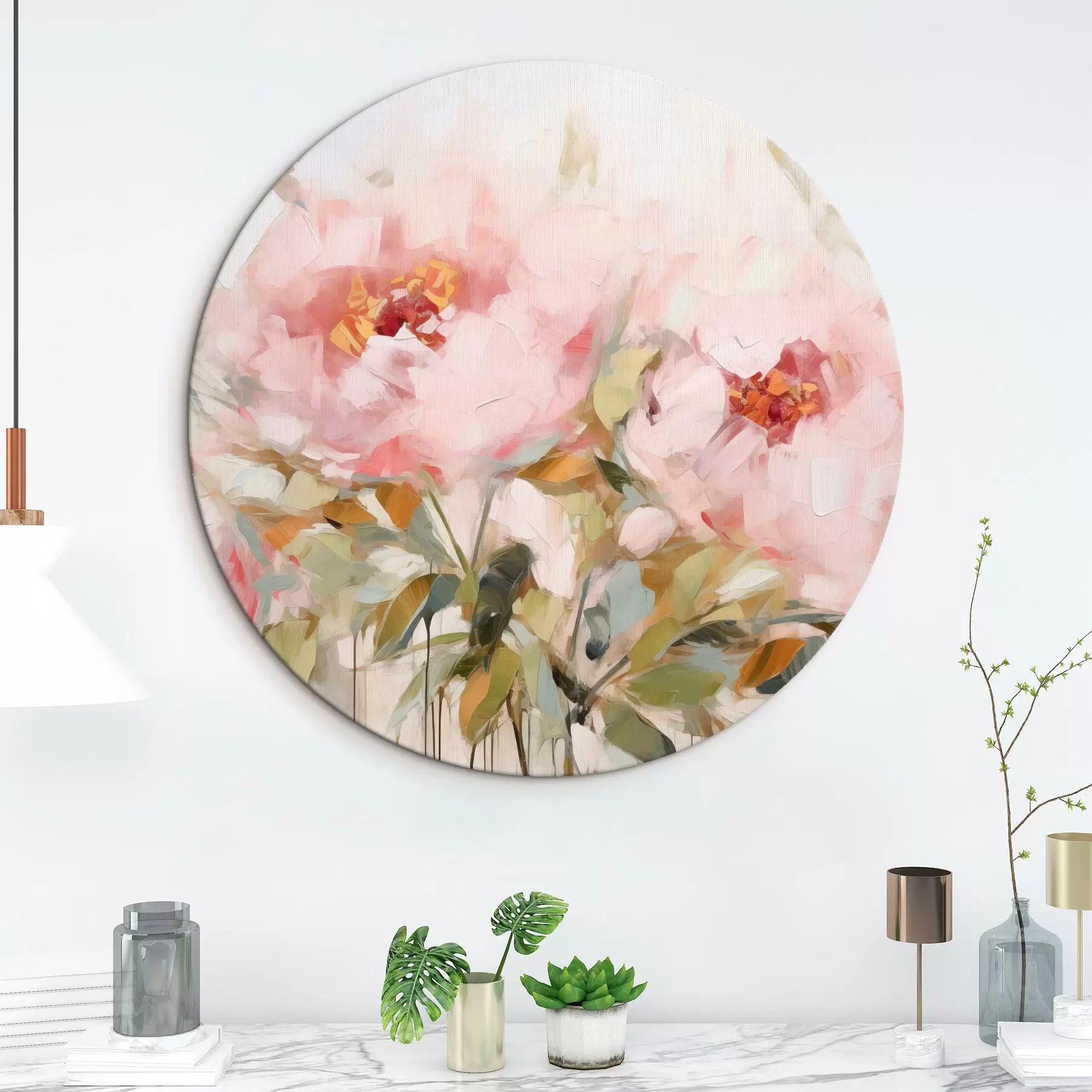 fotótapéta Olajfestmény utánzata nagy rózsaszín bazsarózsák lágy szirmokkal és sárga központokkal, zöld levelekkel körülvéve r42720