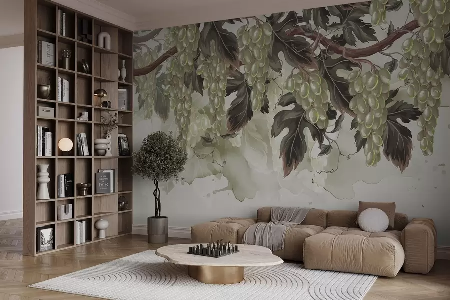 fotószőnyeg Szőlő lóg egy zöld leveles szőlőből, világos háttér előtt, akvarellszerű textúrákkal, világos színű háttérrel w08696