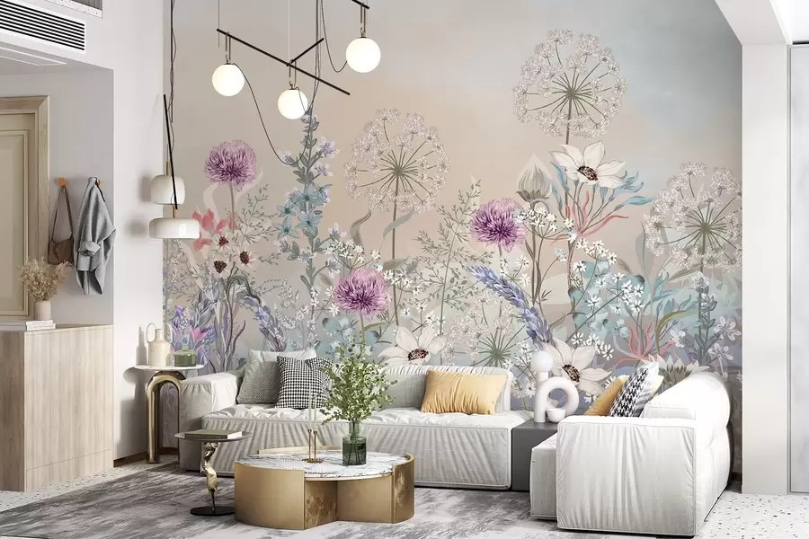 fotószőnyeg Élénk virágos kert, különböző virágokkal és fűvel, lágy pasztellszínű, gradiens textúrájú háttéren w08699