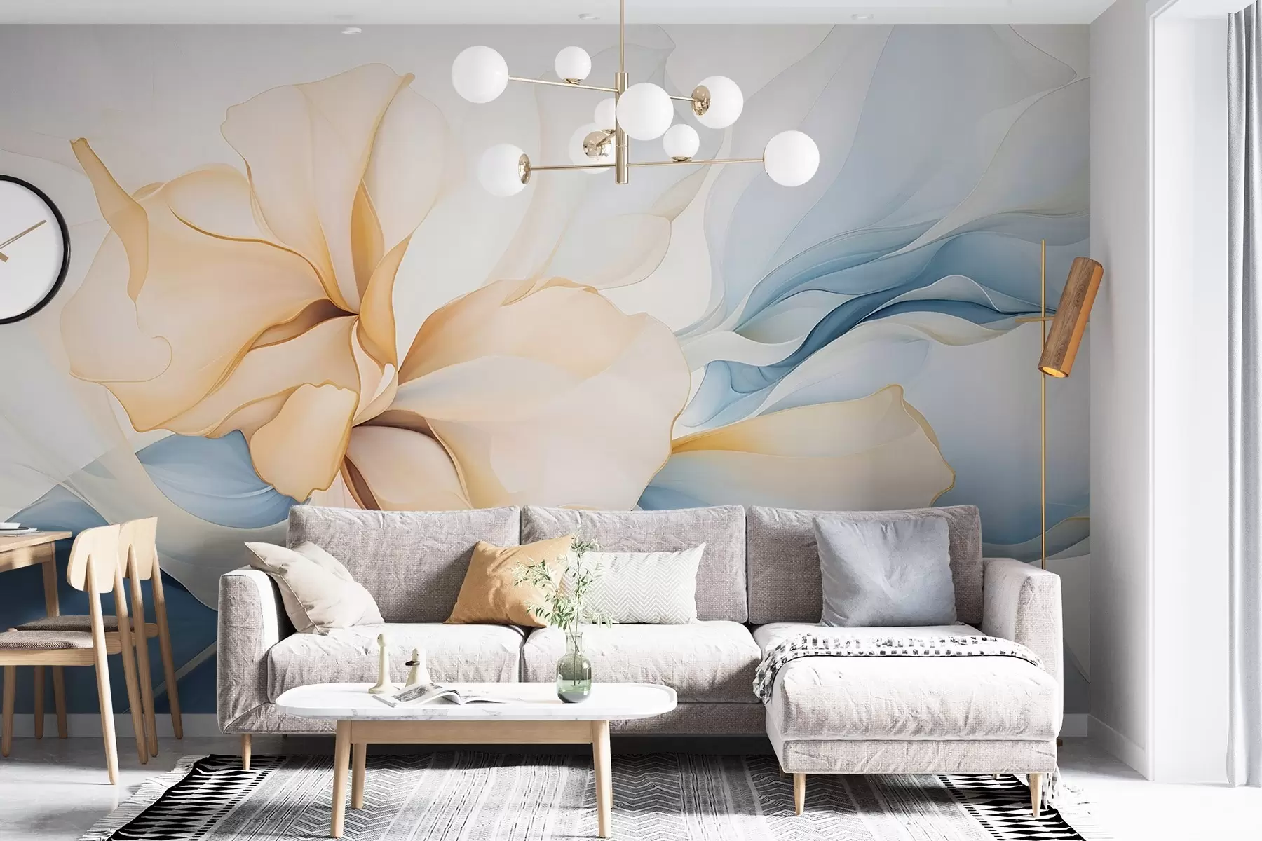 fotószőnyeg Folyó absztrakt virágszirmok áttetsző és rétegzett formák pasztell színekben, barack és kék árnyalatokban w08701