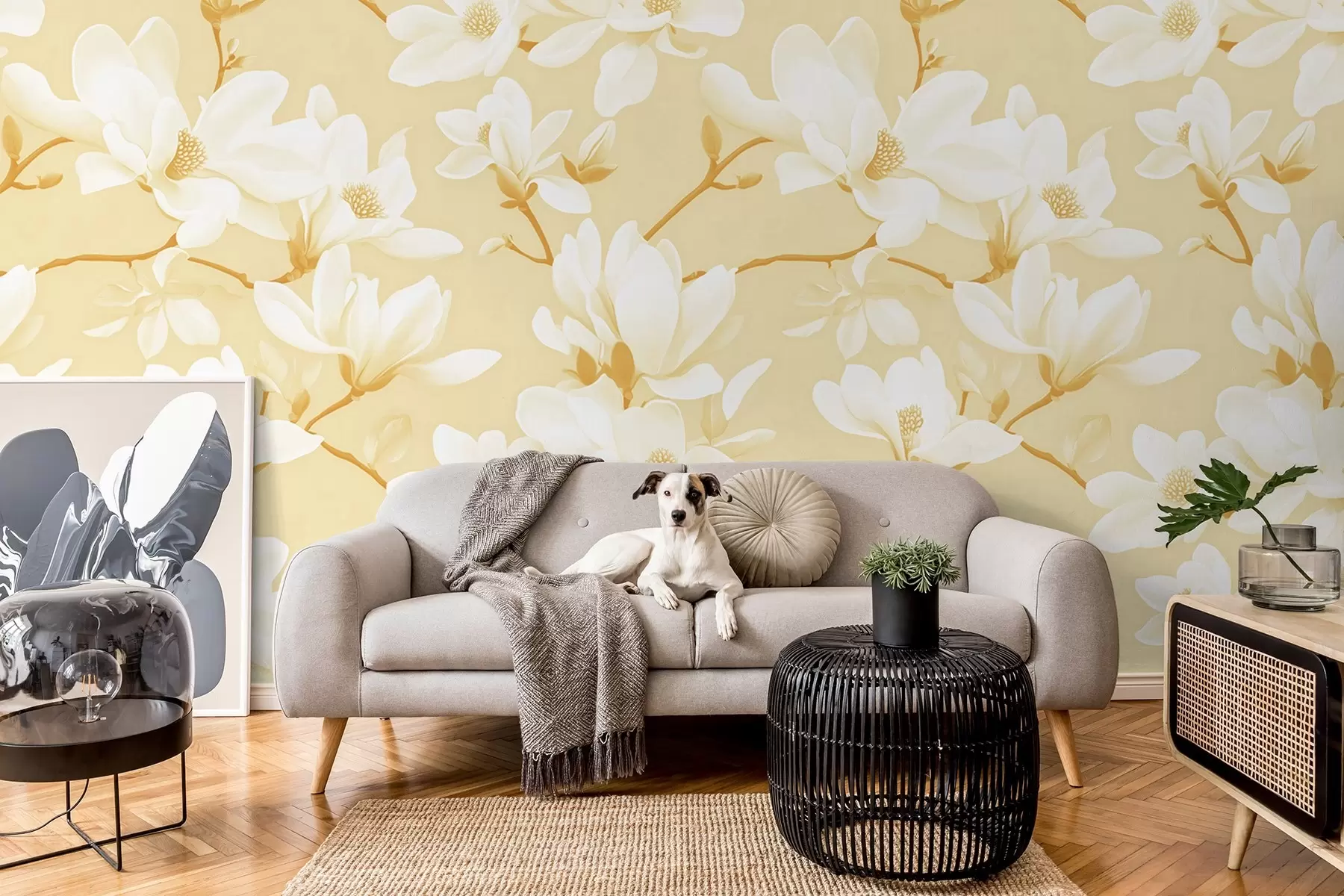 fotószőnyeg Mintás fehér magnólia virágok, sárga árnyalatban, fehér levelek és ágak w08726v3