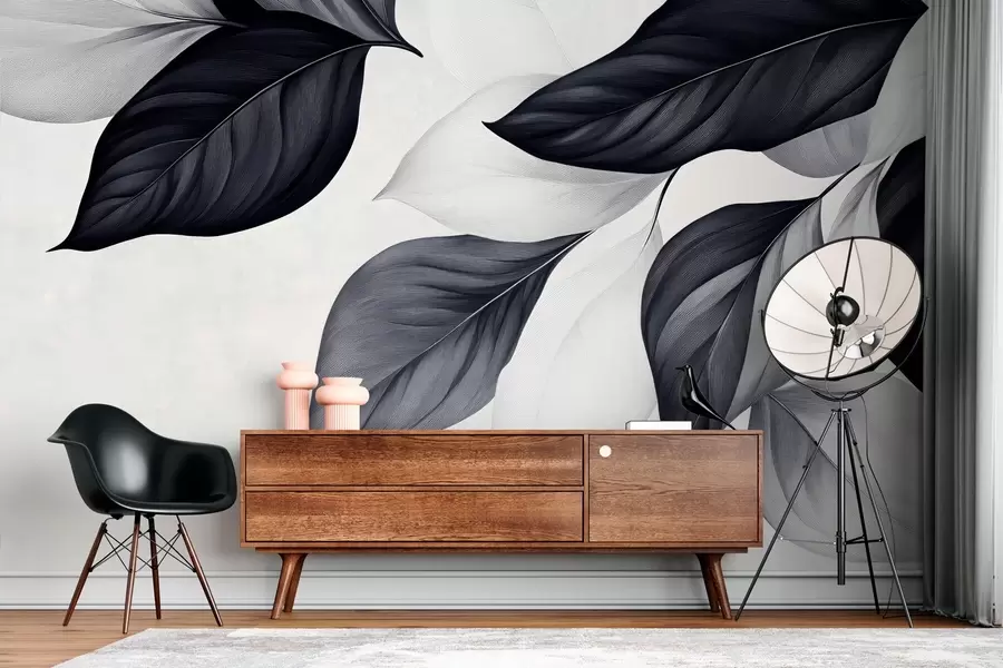 fotószőnyeg Grafikus fekete-fehér levelek w03020