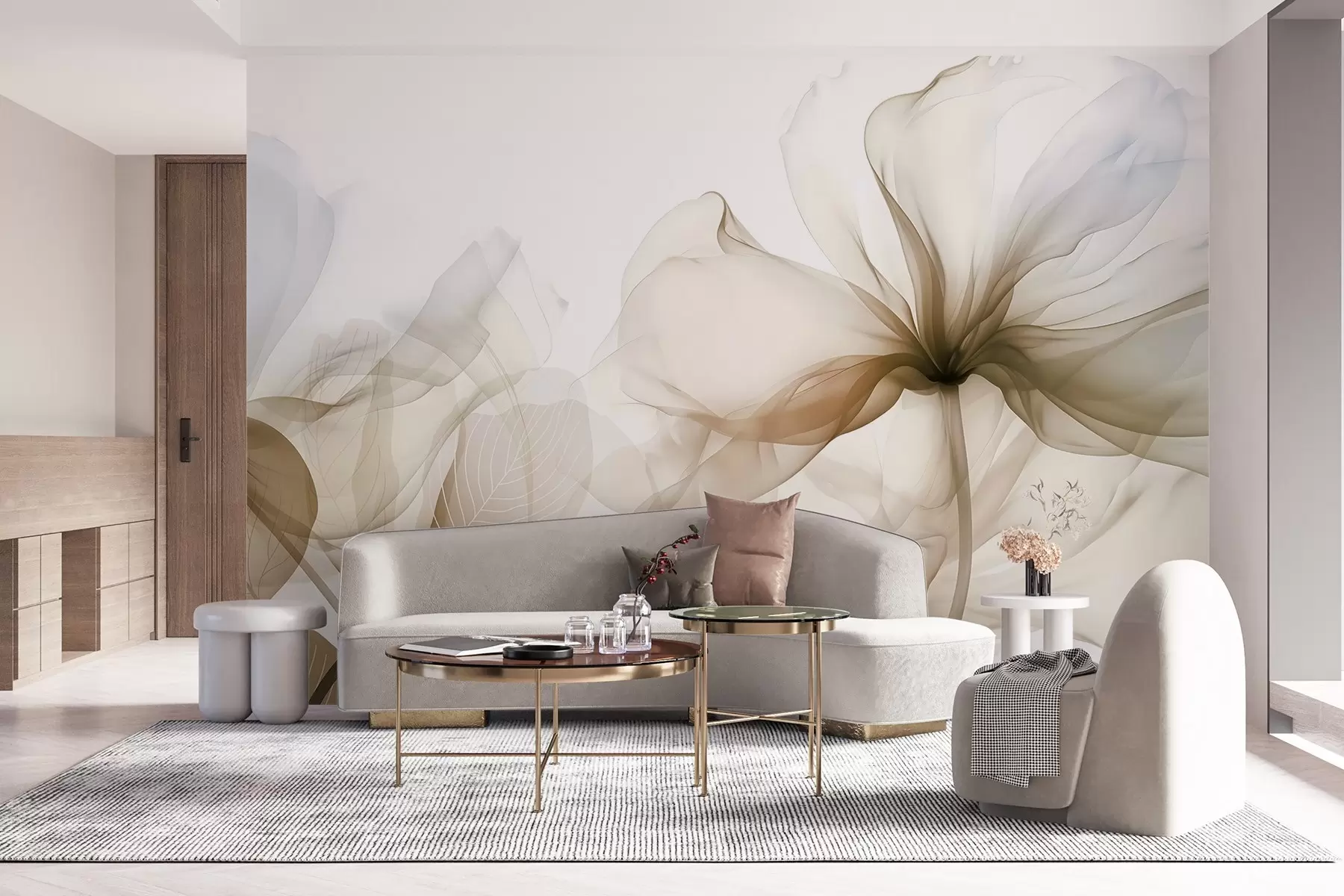 fotószőnyeg Barna absztrakt virágok lágy, áttetsző, áramló szirmokkal és finom részletekkel, fehér háttér előtt w08742v1