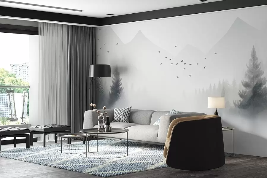 fotószőnyeg Derűs téli erdő egy hegyoldalon a fehér és a világosszürke árnyalataiban w08756