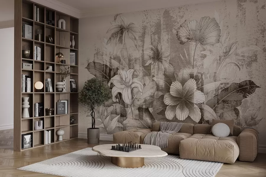 fotószőnyeg Vintage design egzotikus virágokkal és növényekkel w08767v2