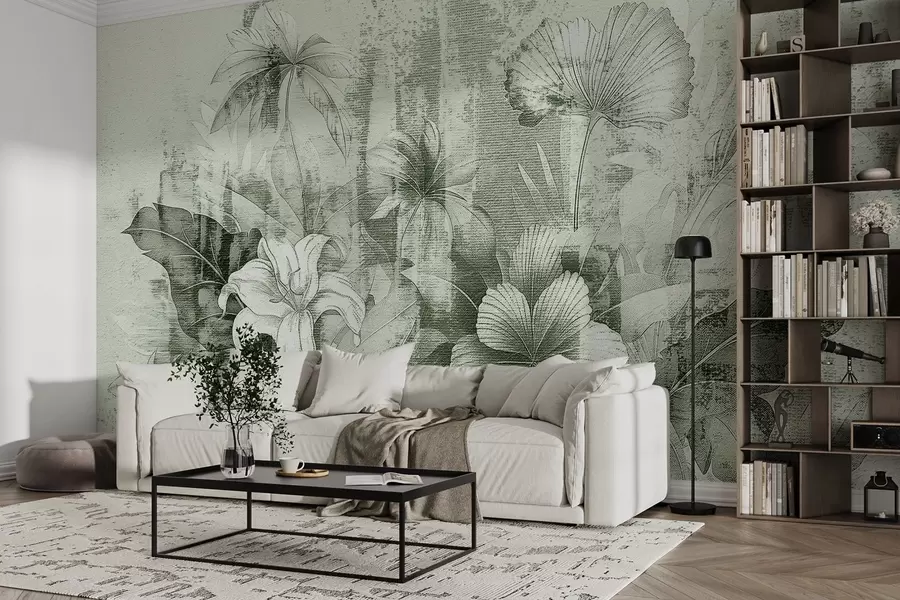 fotószőnyeg Vintage design egzotikus virágokkal és növényekkel w08767v3