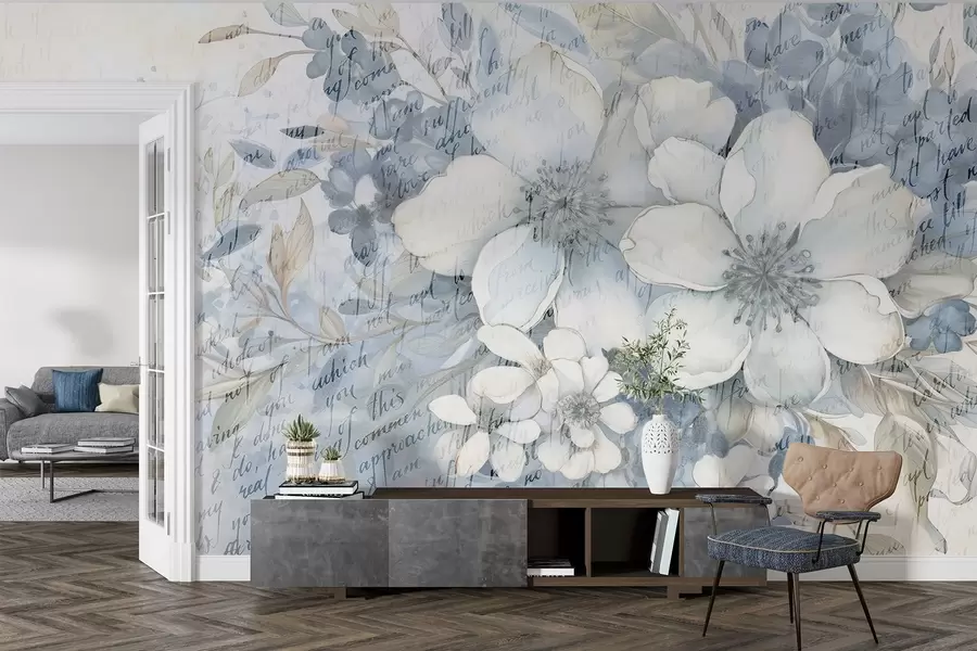 fotószőnyeg Lágy fali utánzat, fehér és kék virágokkal, halvány háttér előtt, halvány kézzel írt szöveggel w08771