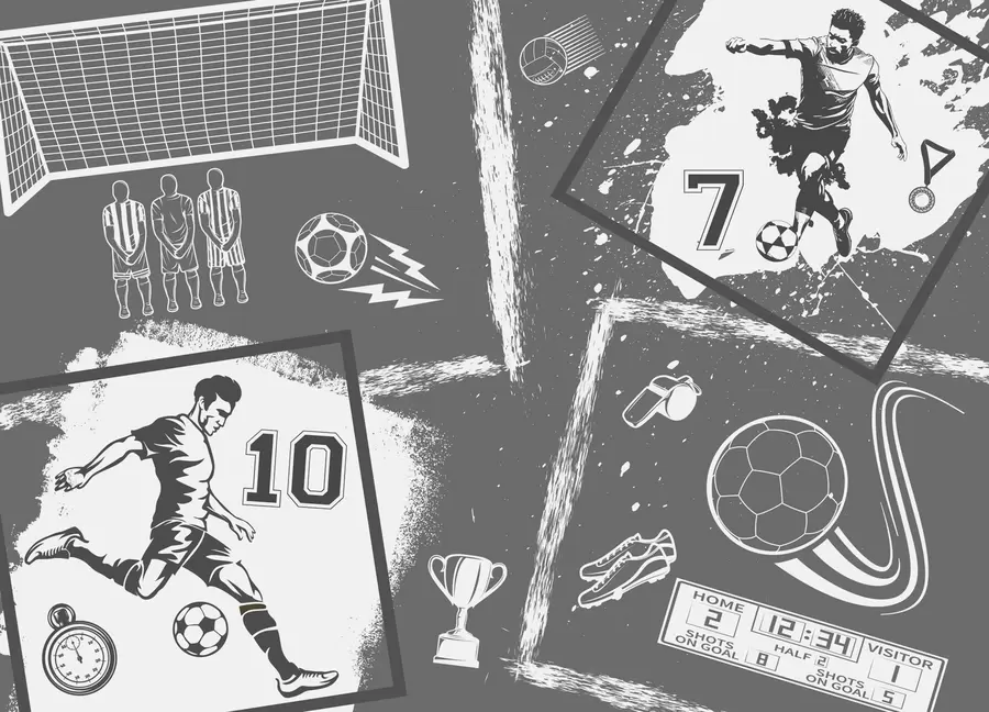fotószőnyeg Labdarúgók, labda és egyéb futball attribútumok szürke tónusokban w03122v1