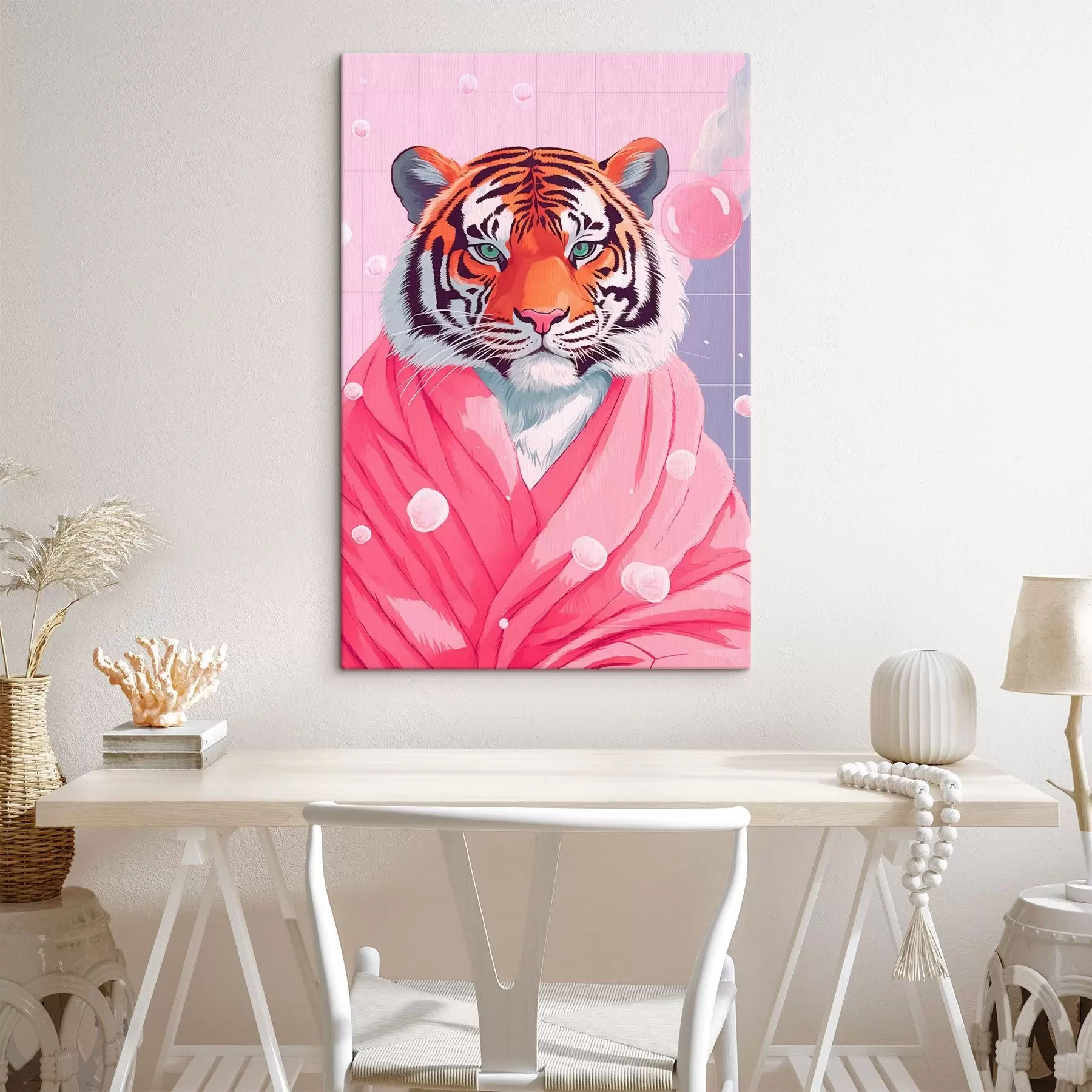 fotótapéta Tigris rózsaszín törölközőben s42942