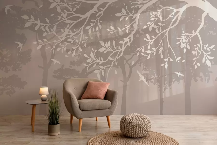 fotószőnyeg sziluettje egy krémes fa ága madarakkal, a háttérben az erdőben w03116