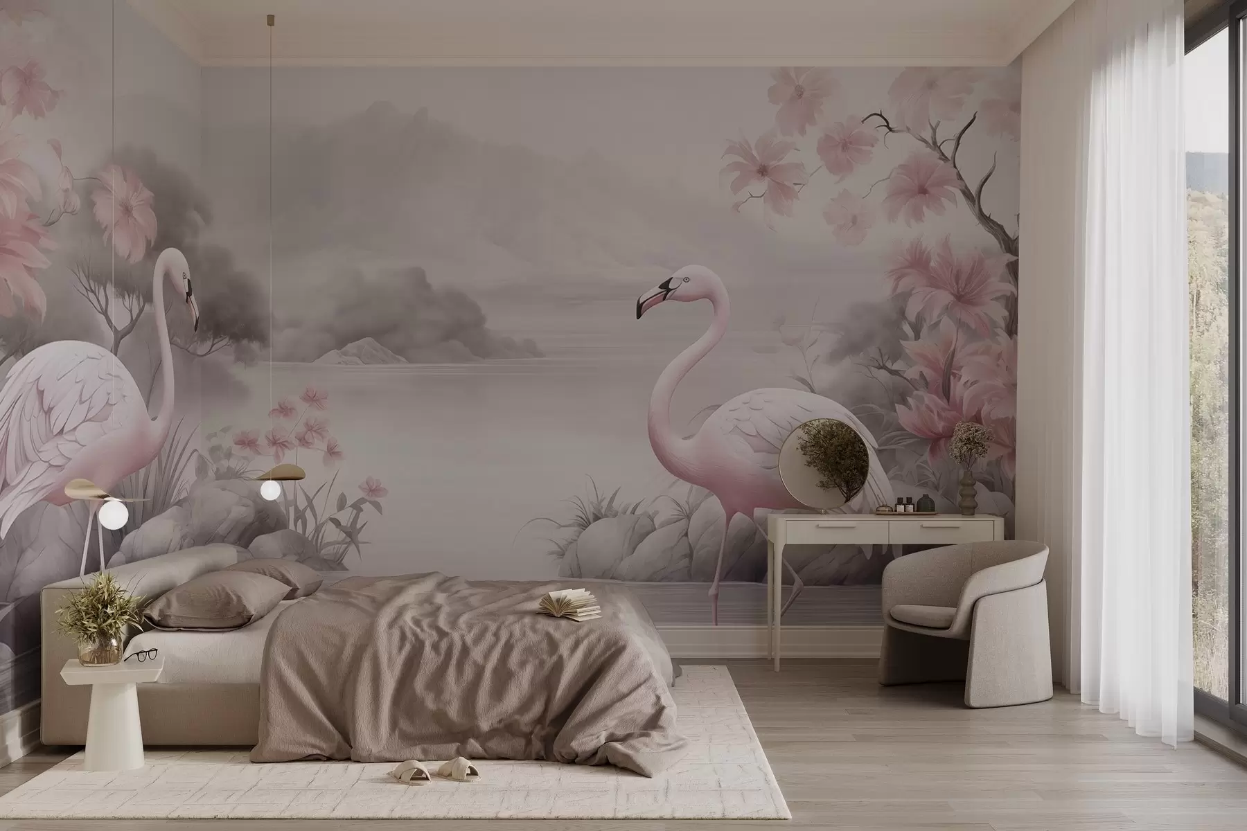 fotószőnyeg Két flamingó a vízben akvarell rajz w03196