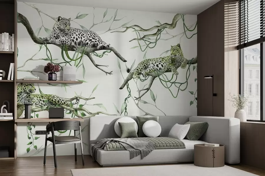 fotószőnyeg Leopárdok a dzsungel fáin, liánok, trópusi, vadon élő állatok, zöld színpaletta w03146v1
