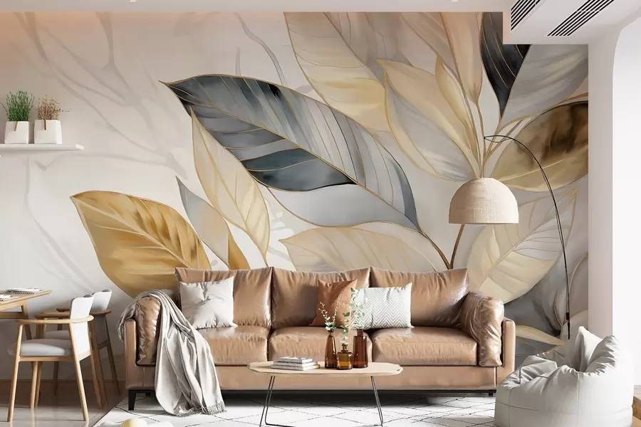 fotószőnyeg Sárga, szürke és fehér finom nagy levelek fehér absztrakt textúrájú háttéren w08828