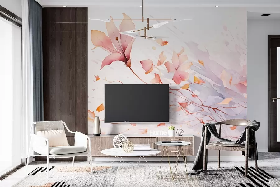 fotószőnyeg Egy virág hulló szirmokkal, amelyek a szélben lobognak, akvarell stílusban w08821