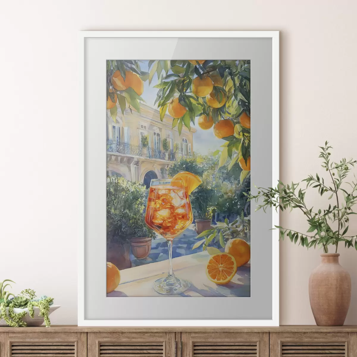 Plakát a sziklán Koktél narancsokkal, akvarell stílus, Olaszország, Aperol Spritz, építészet, nyári kert, nyári kert f43061
