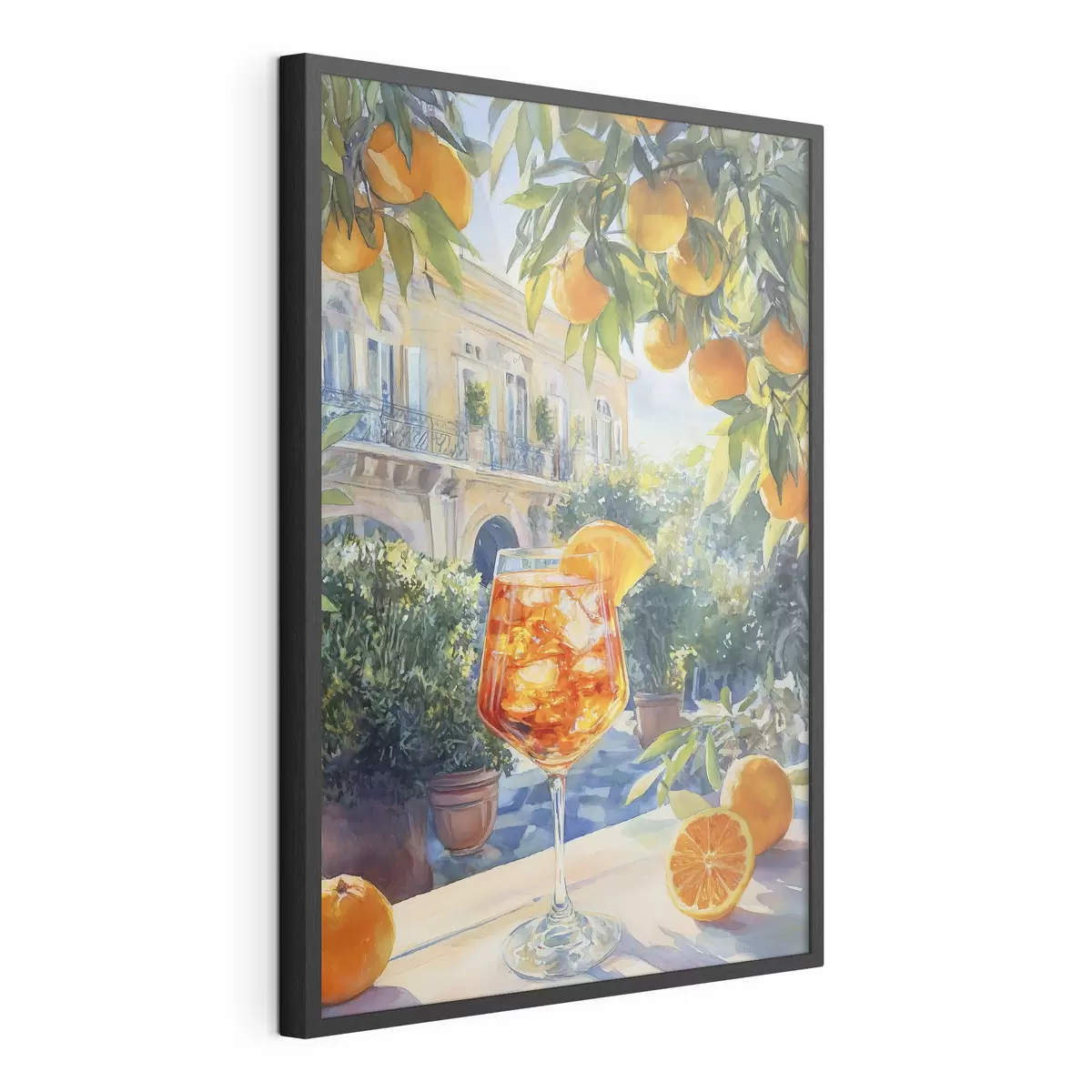Plakát a sziklán Koktél narancsokkal, akvarell stílus, Olaszország, Aperol Spritz, építészet, nyári kert, nyári kert f43061