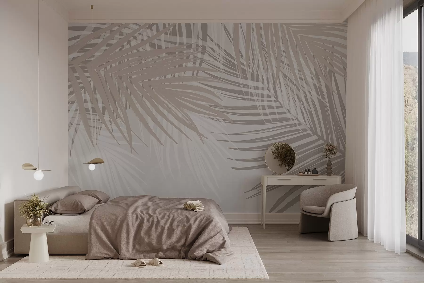 fotószőnyeg Pálmalevelek világos bézs és fehér tónusokban, trópusi lombozat, lágy pasztell színek, minimalista design w08869