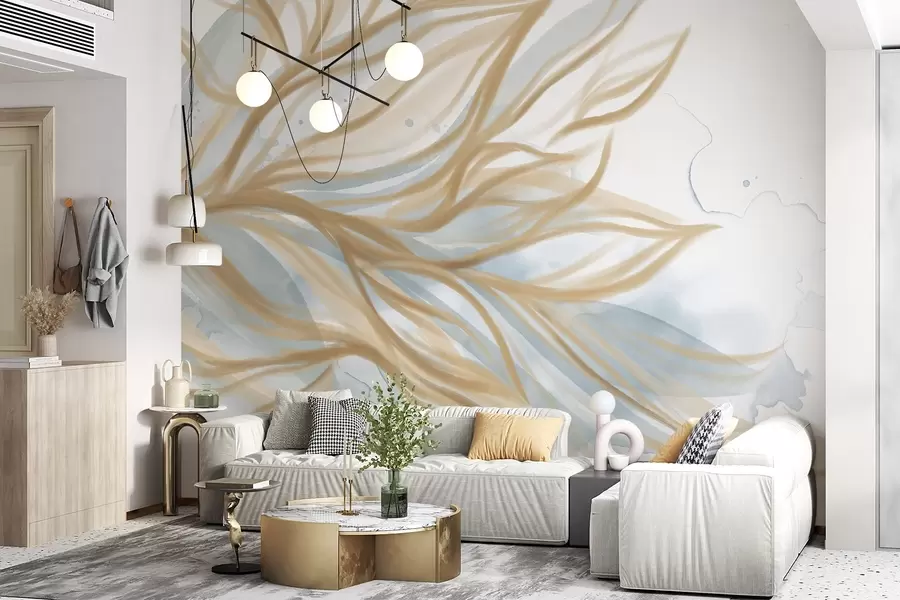 fotószőnyeg Absztrakt sárga levelek kék akvarell háttérrel, lágy és finom, organikus formák, áramló vonalak w08871