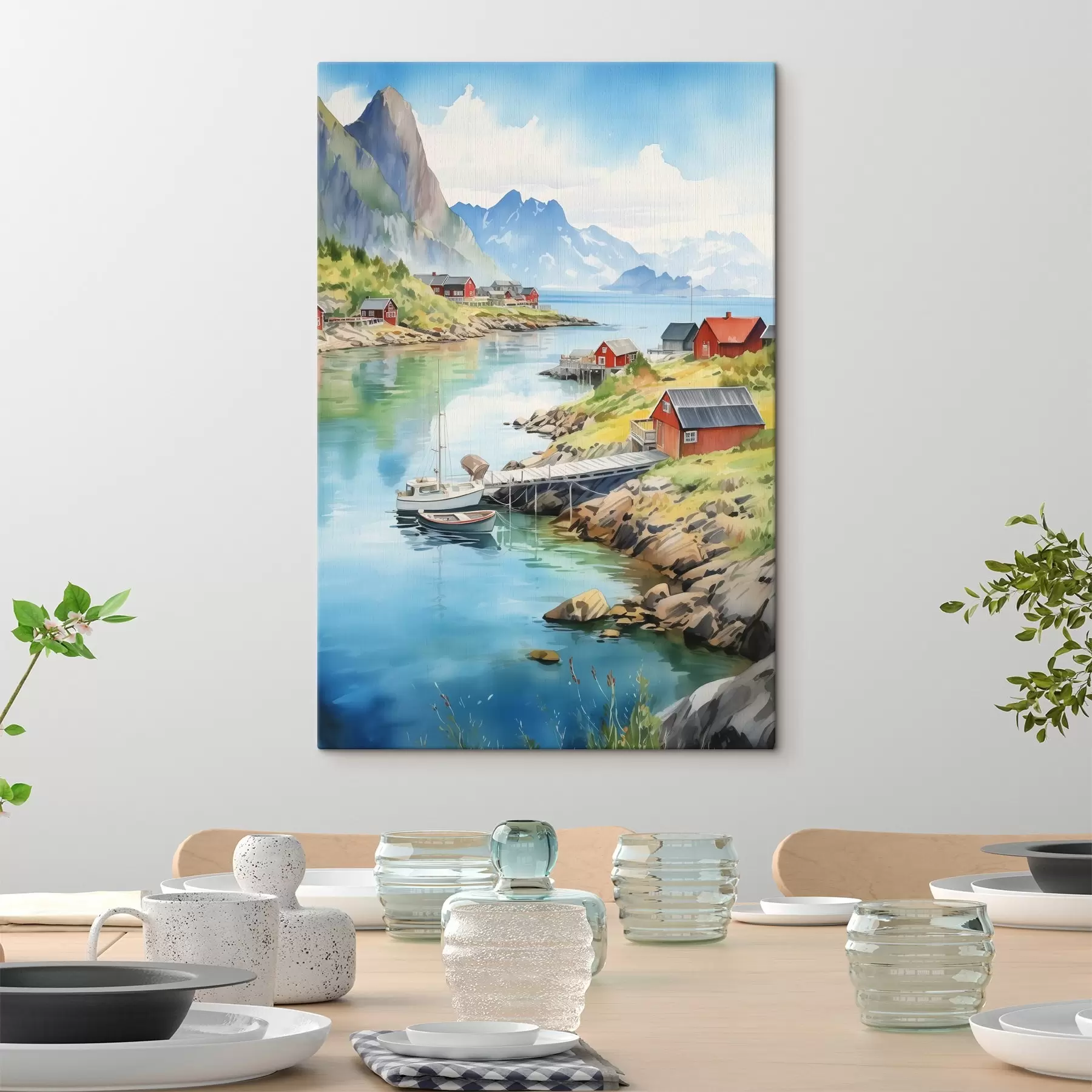 fotótapéta Lofoten-szigetek nyári táj, piros házak, hegyek, hajók s43187