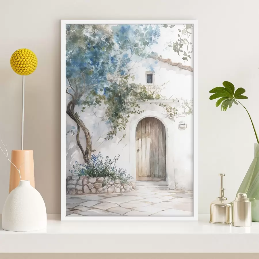 fotószőnyeg Gyönyörű fehér ház virágzó fával, mediterrán, akvarell stílusban f43179