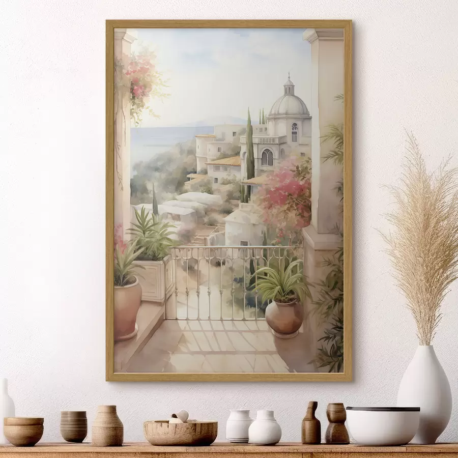 fotószőnyeg Spanyolország nyári táj, mediterrán építészet, akvarell stílusban f43181