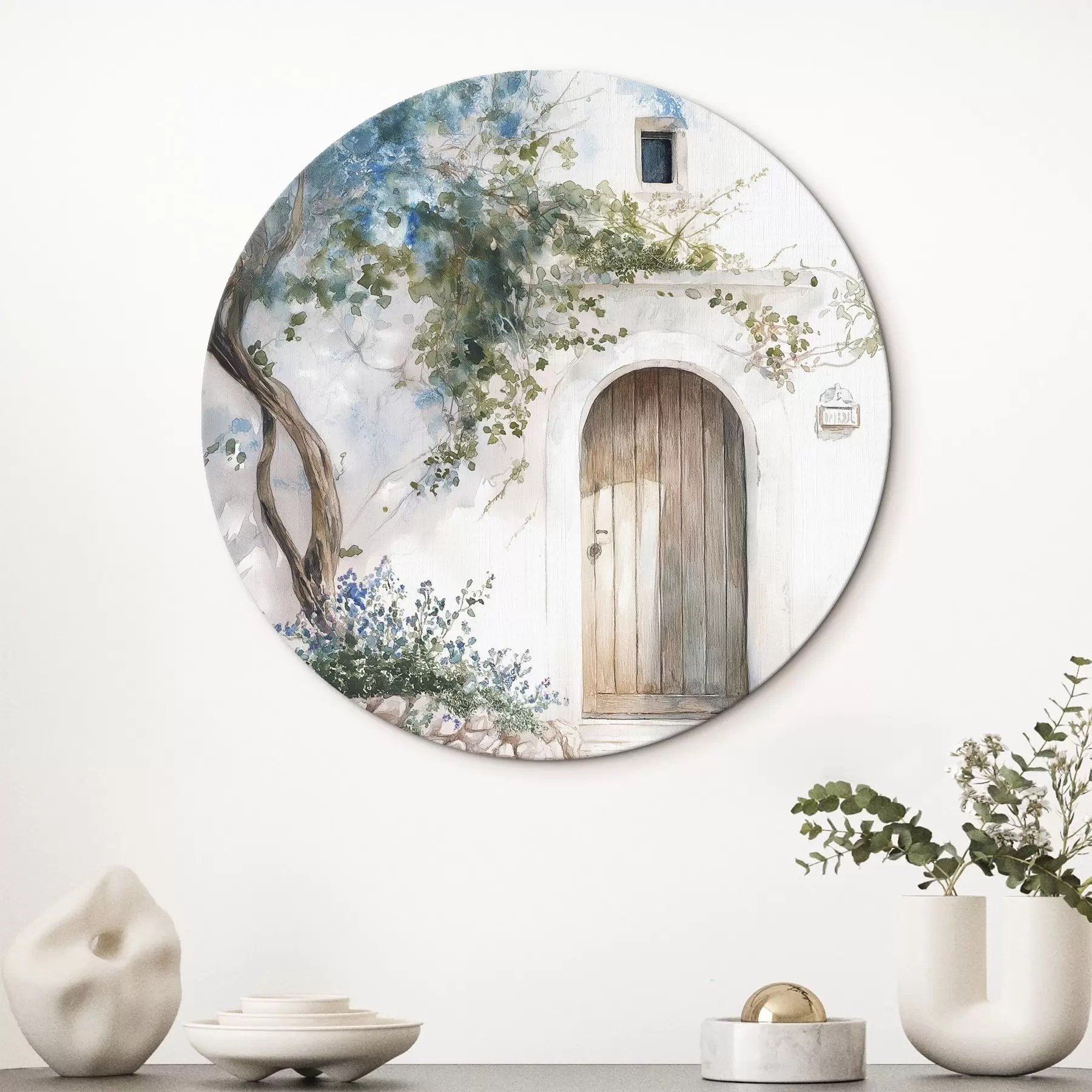 fotótapéta Gyönyörű fehér ház virágzó fával, mediterrán, akvarell stílusban r43179