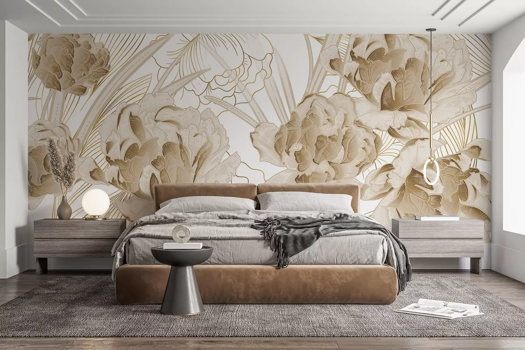 fotószőnyeg Bézs bazsarózsa levelekkel fehér háttéren, virágos design, botanikai illusztráció  w08897