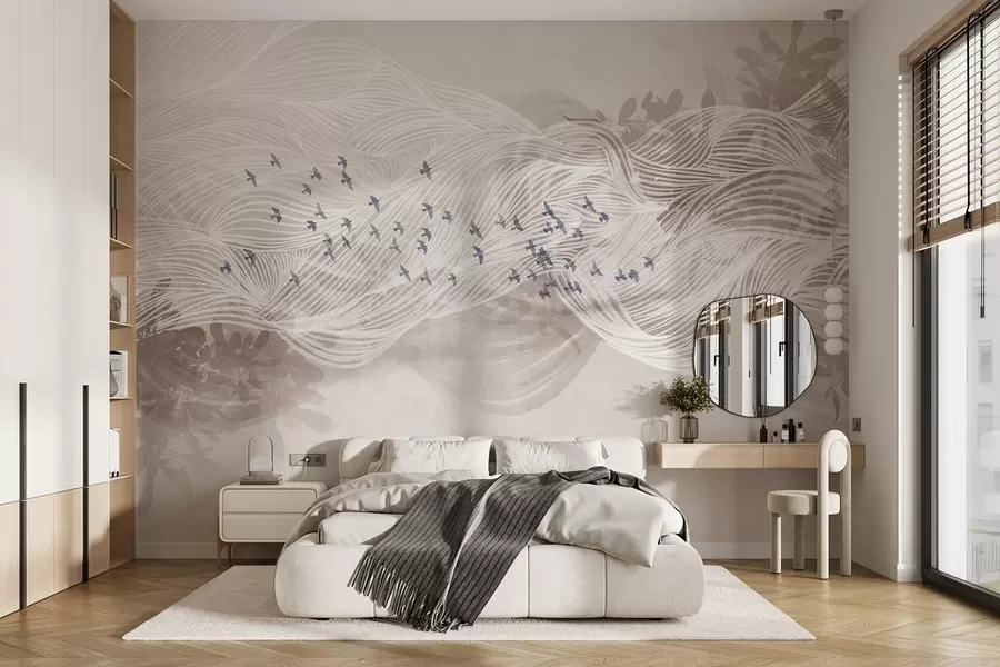 fotószőnyeg Madárraj repül át absztrakt line art tájkép texturált bézs hullámok, lágy színek , minimalista design  w08898