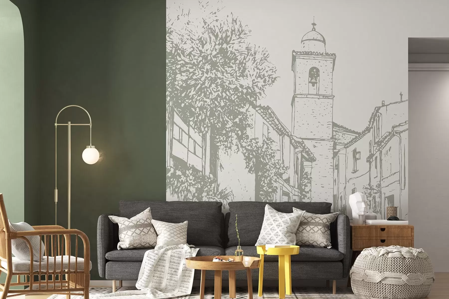 fotószőnyeg Városi utca, szép építészet, épületek, mediterrán, vonalas rajz, olajbogyó színű w03345