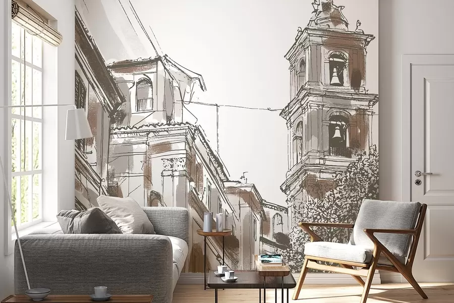 fotószőnyeg Mediterrán város utca, kápolna, építészet, bézs és barna színek w03350v1