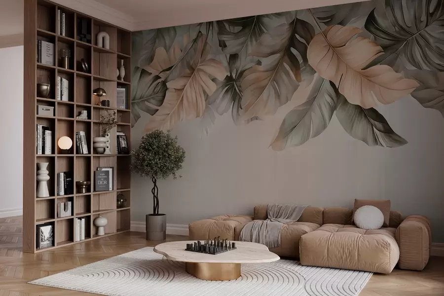 fotószőnyeg Trópusi levelek lógnak a tetejéről, texturált háttéren w03290