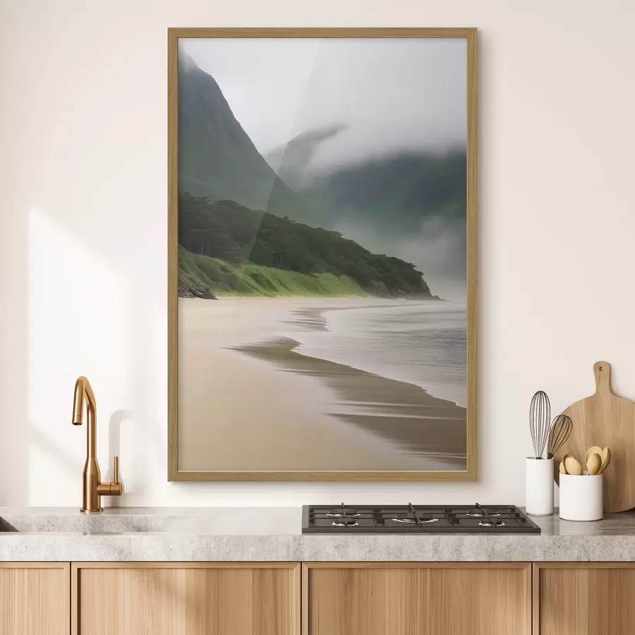 fotószőnyeg Ködös strand zöld lejtők közelében f43271